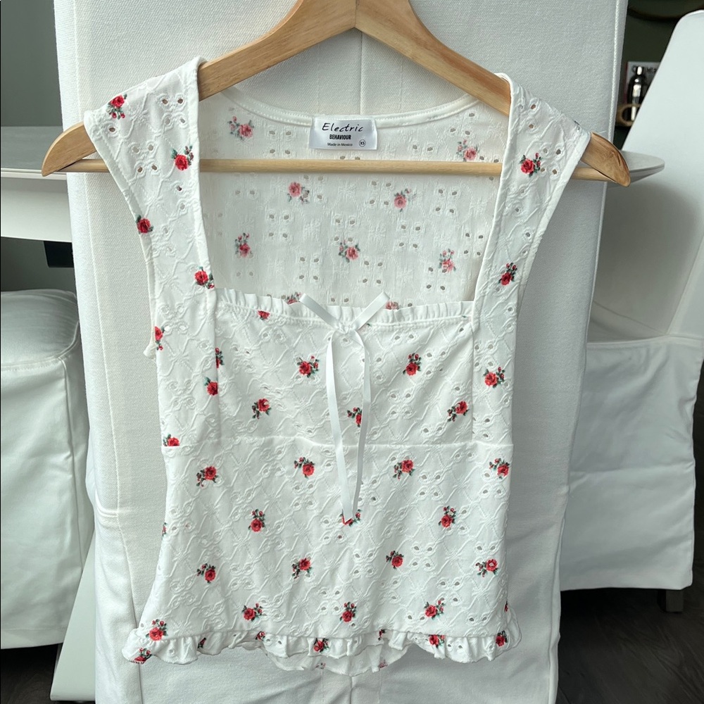 White Eyelet Camisole with Rose Print